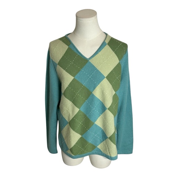 CHARTER CLUB Cashmere‎ Argyle Cashmere Sweater Green Teal...